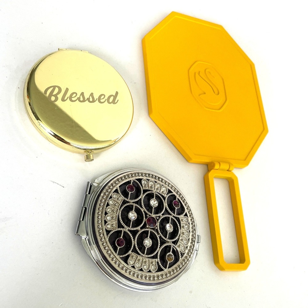Swarovski Yellow Hand Mirror plus Compact Mirror Set Blessed Gold Rhinestone 3pc